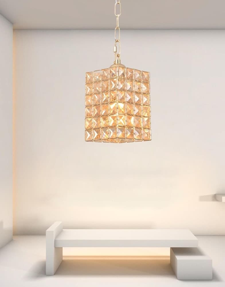 LAMPADARIO SOSPESO RETTANGOLARE CRISTALLI LAMPADA LUCE ATTACCO E27 ORO 32316 - 7