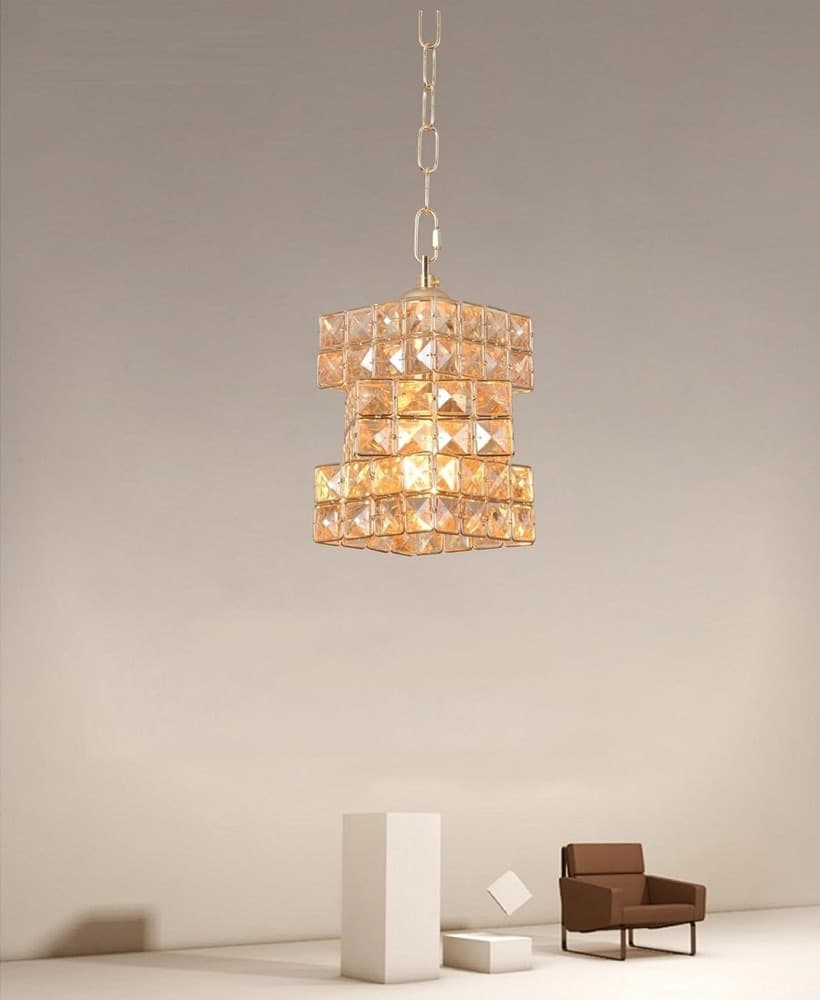 LAMPADARIO SOSPESO RETTANGOLARE INTRECCIATO CON CRISTALLI LUCE E27 ORO 32392 - 5