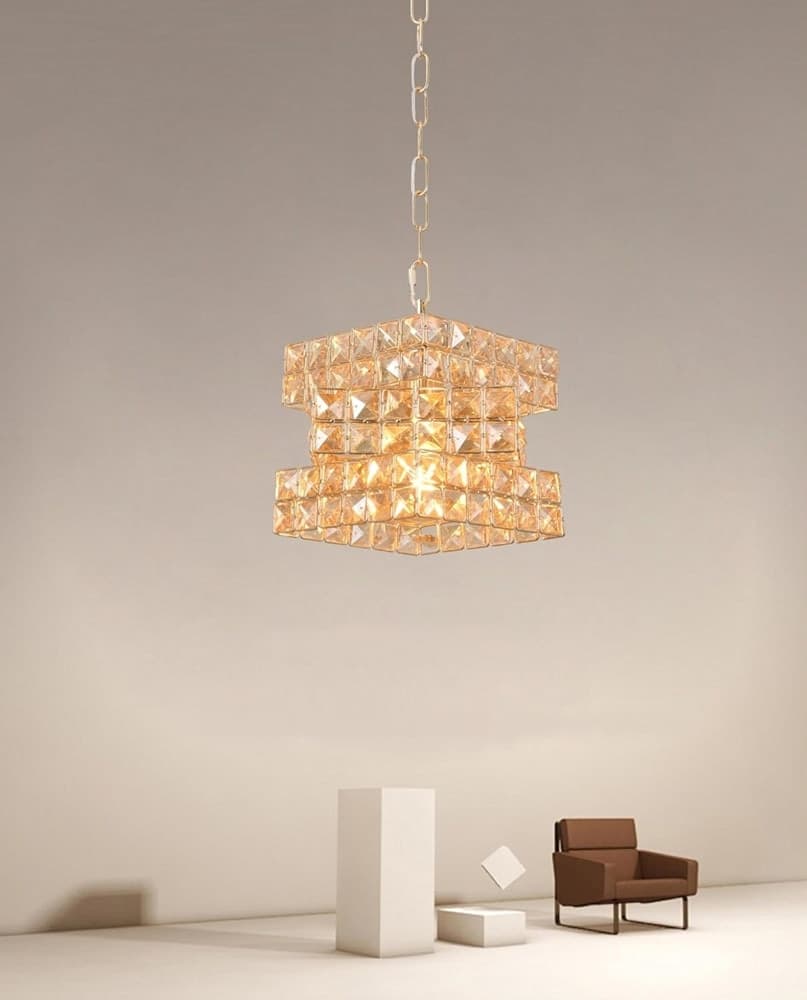 LAMPADARIO SOSPESO CUBO INTRECCIATO CON CRISTALLI LAMPADA LUCE E27 ORO 32385 - 5