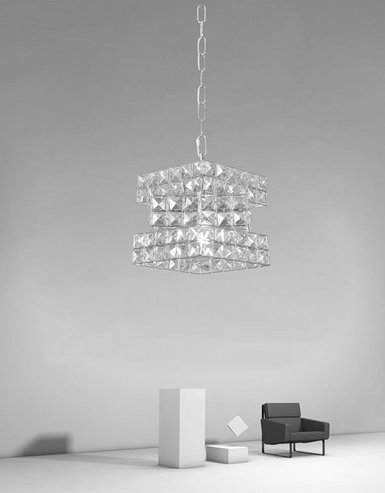 LAMPADARIO SOSPESO CUBO INTRECCIATO CON CRISTALLI LAMPADA LUCE E27 ARGENTO 32408 - 9