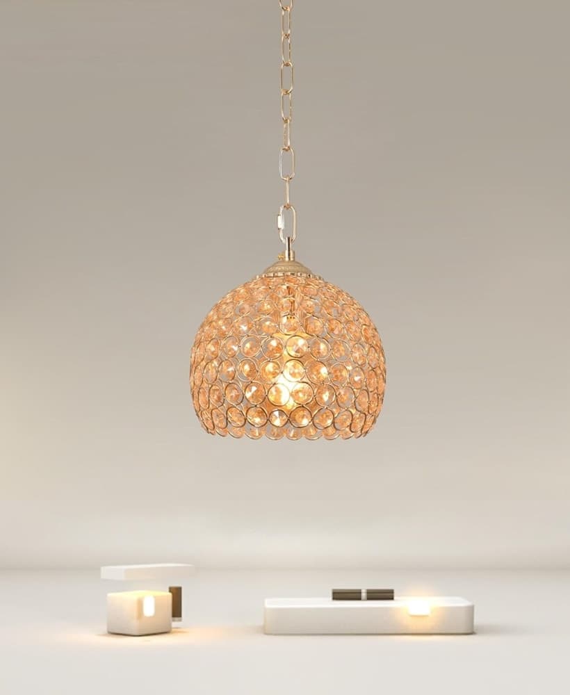 LAMPADARIO SOSPESO TONDO CUPOLA LAMPADA MEZZA SFERA CRISTALLI LUCE E27 ORO 32354 - 3