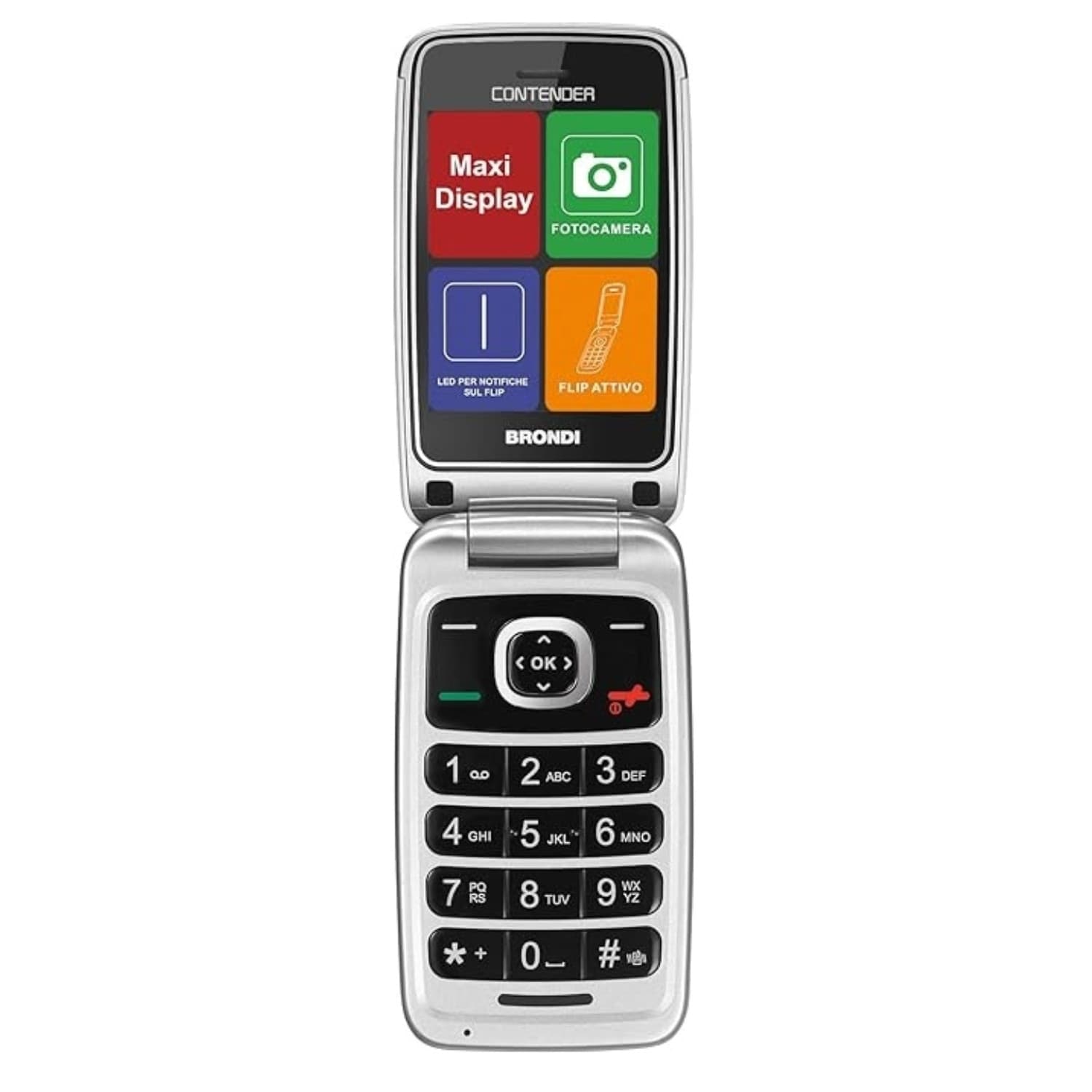 Brondi Contender Bianco – Clamshell Dual SIM, Display 2.8", Flip Attivo, 11 Memorie Dirette, Tasti Retroilluminati - 2