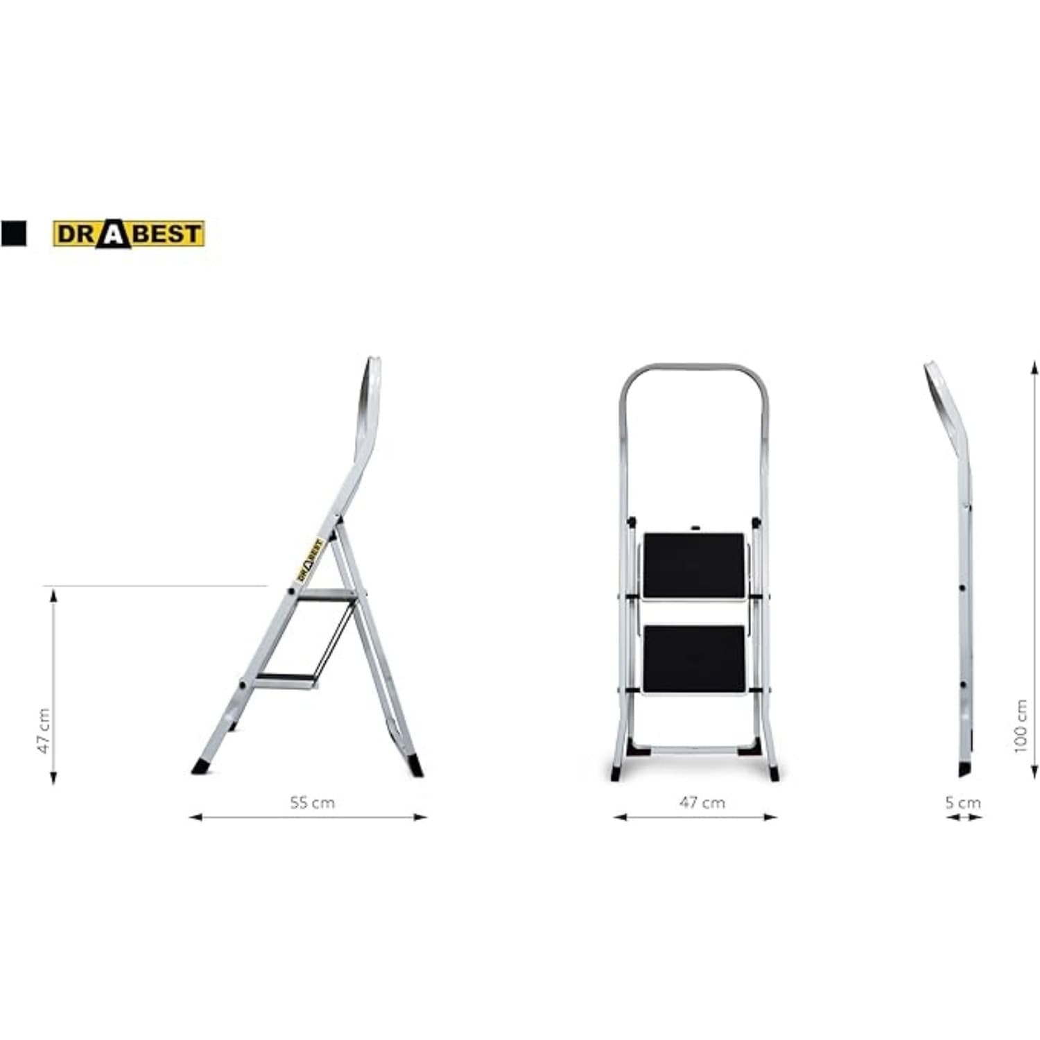 Drabest Premium Scaletta In Acciaio Per Casa E Ufficio – Portata Scala Domestica 150 Kg – 2 Gradini - 2