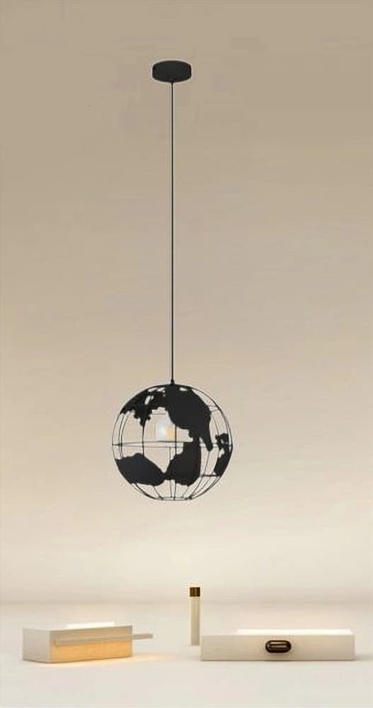 LAMPADARIO A SOSPENSIONE MAPPAMONDO E27 IN METALLO NERO SFERA GLOBO SOSPESO 33948 - 7