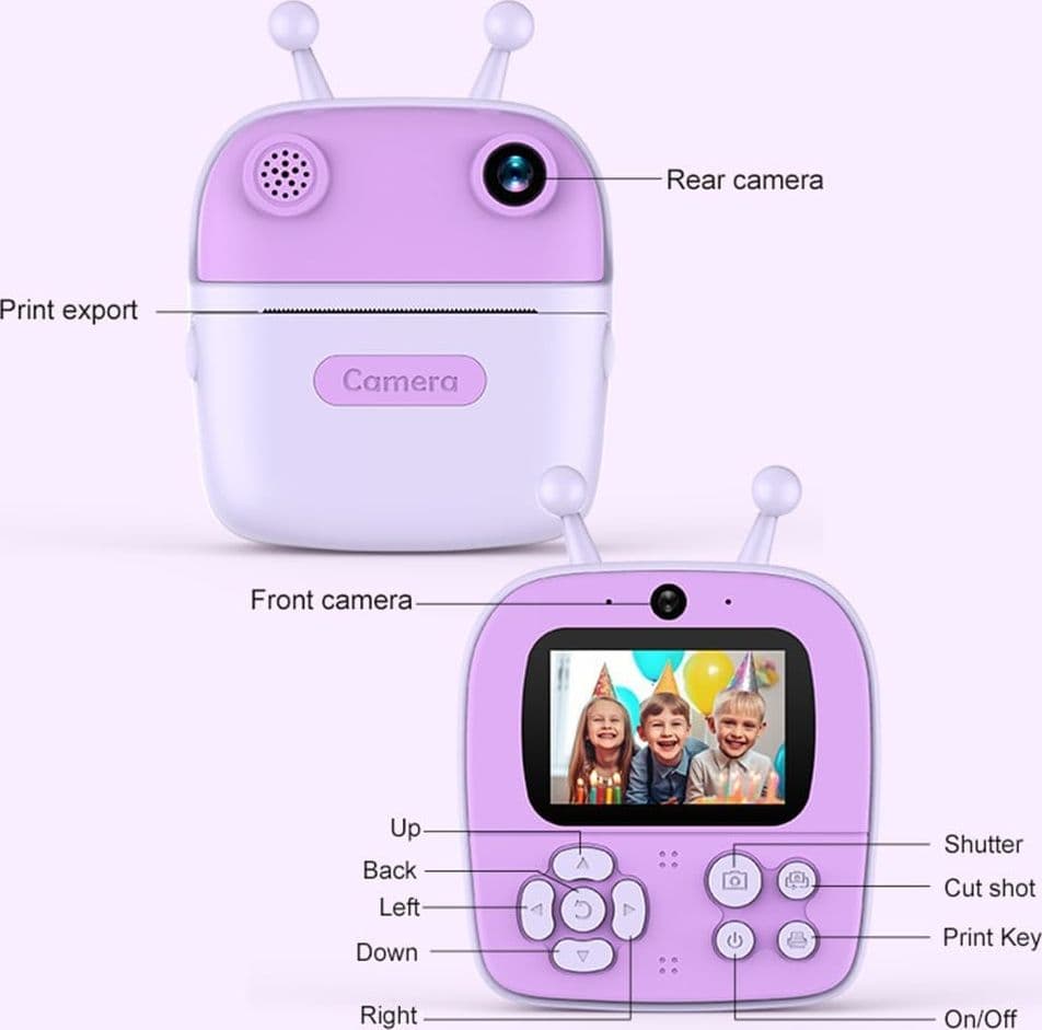 FOTOCAMERA A STAMPA ISTANTANEA PER BAMBINI DIGITALE 1080P DOPPIO OBIETTIVO CON CARTA - 13