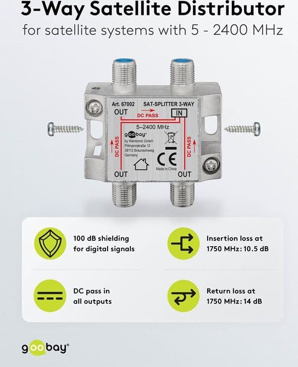 Splitter 3 vie per satellite 100 db, 1750 Mhz - 9