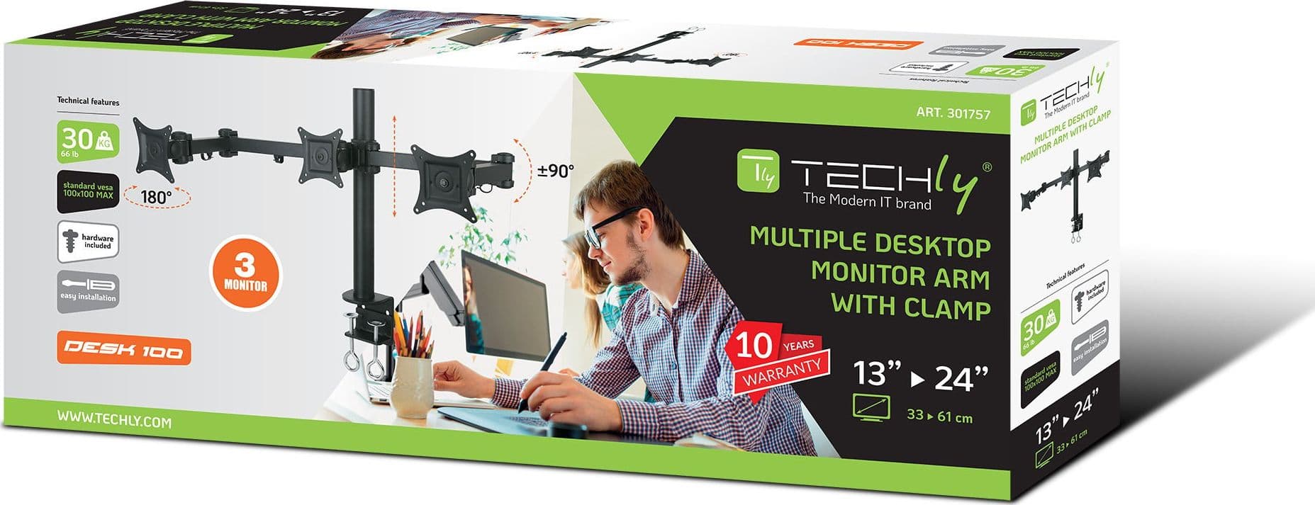Supporto da scrivania per 3 Monitor 13-24'' con morsetto - 15