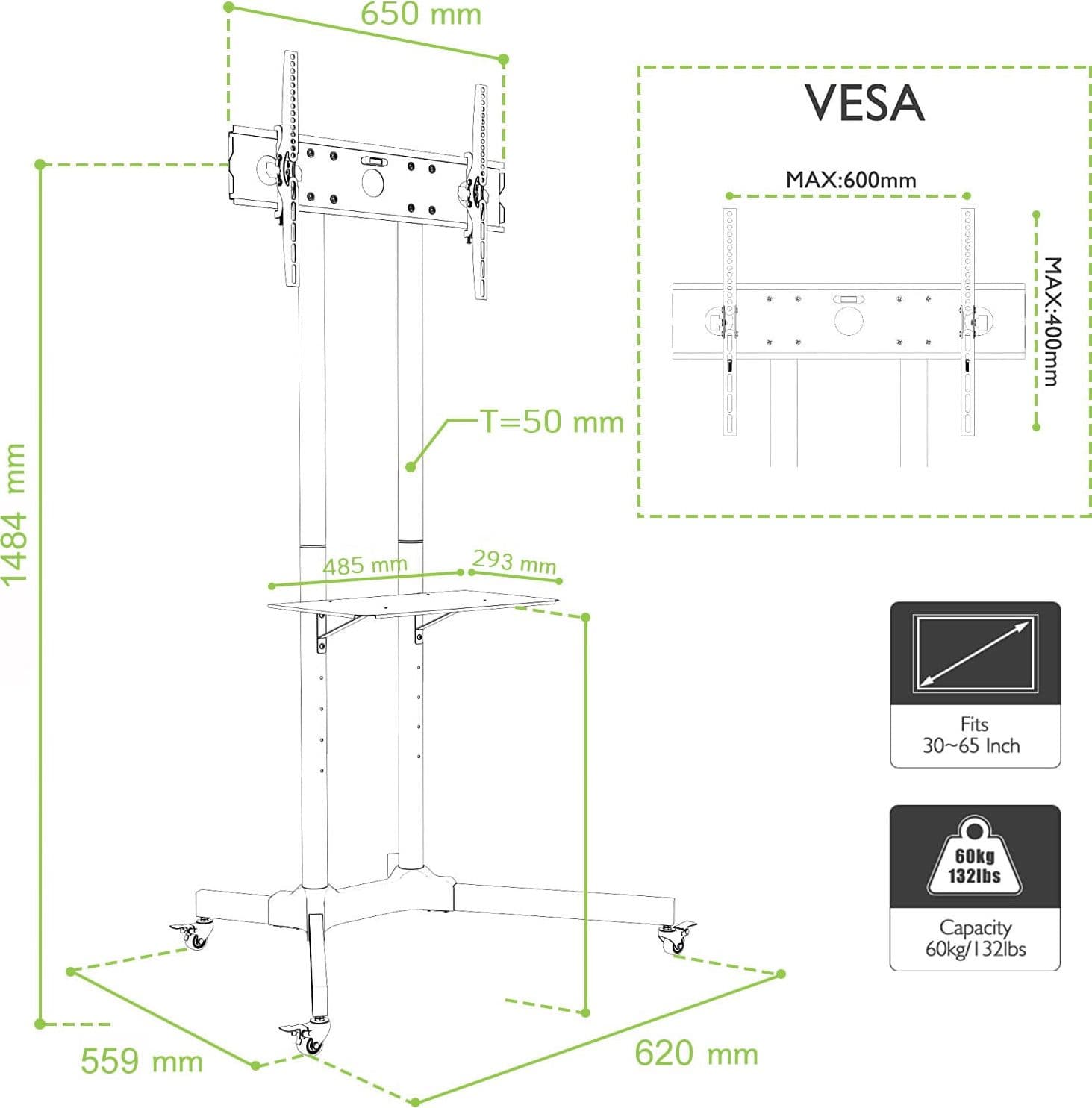 Carrello Supporto Pavimento Porta TV LCD/LED/Plasma 30''-65'' Mensola - 11