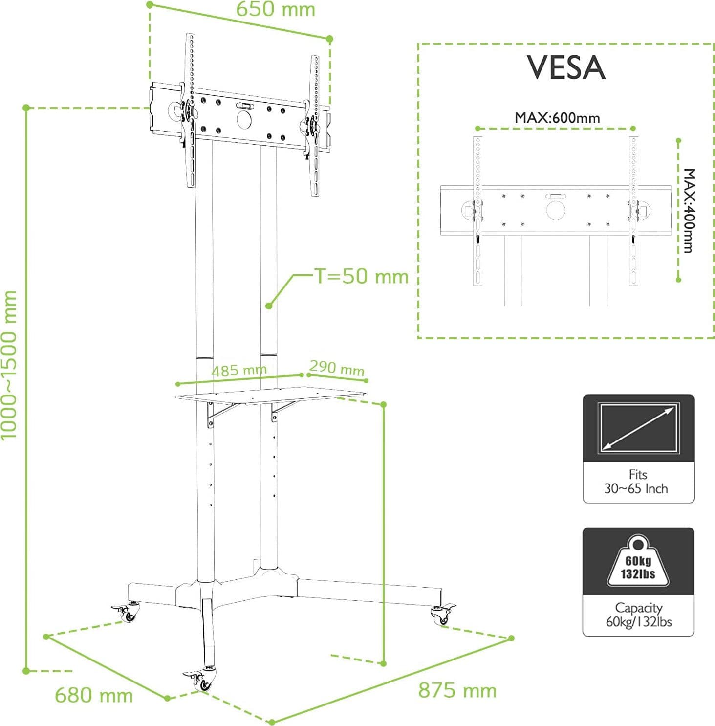 Carrello Supporto Pavimento Porta TV LCD/LED/Plasma 30''-65'' Mensola - 10