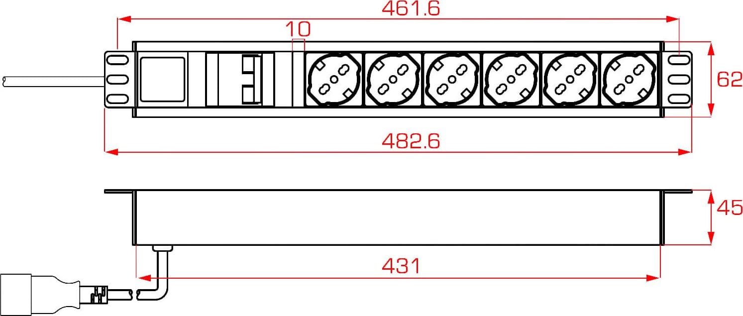 Multipresa 6 Posti da Rack 19'' con Magnetotermico Spina C20 1,5U - 14