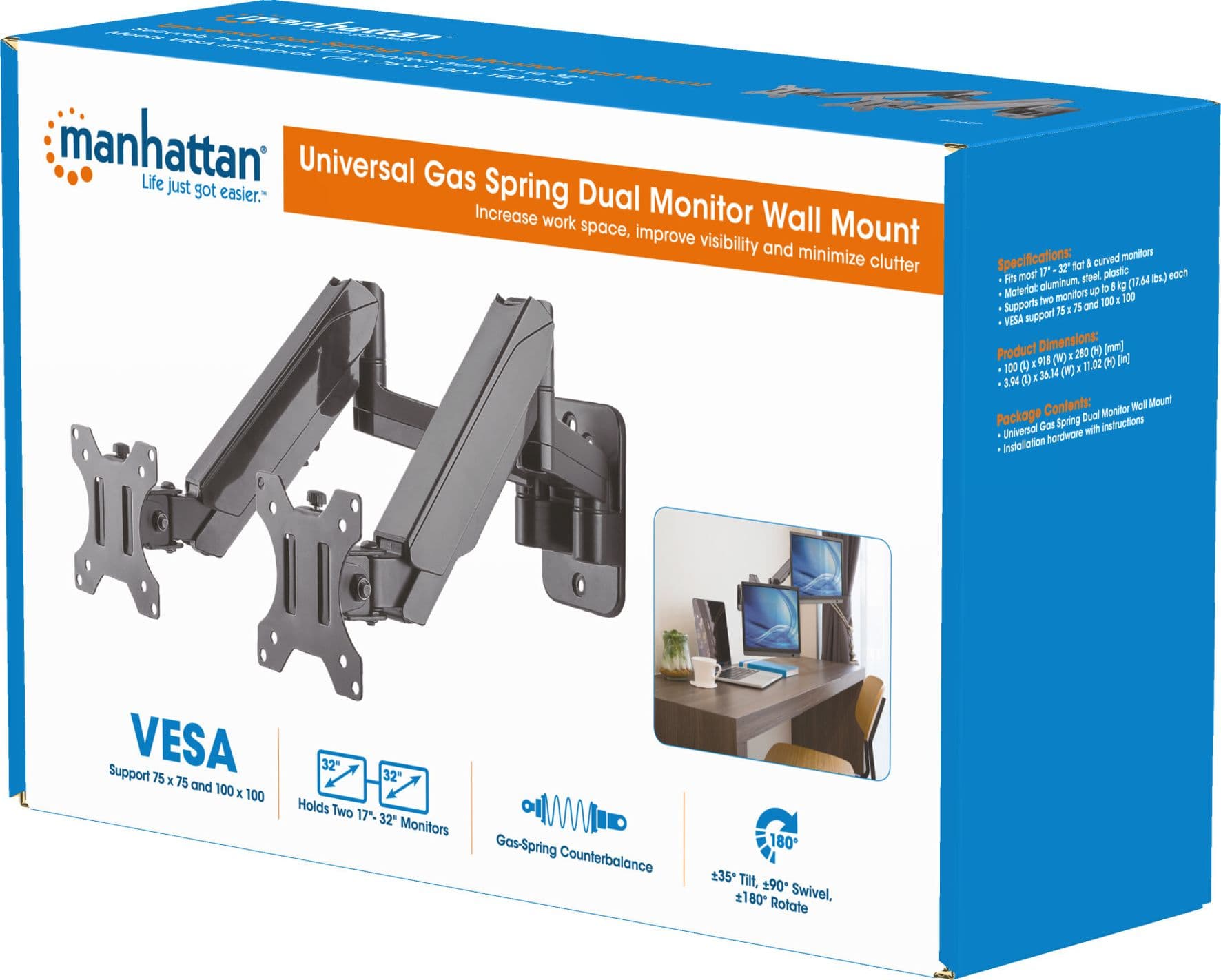 Staffa a Muro con Molla a Gas per due Monitor 17-32'' - 5