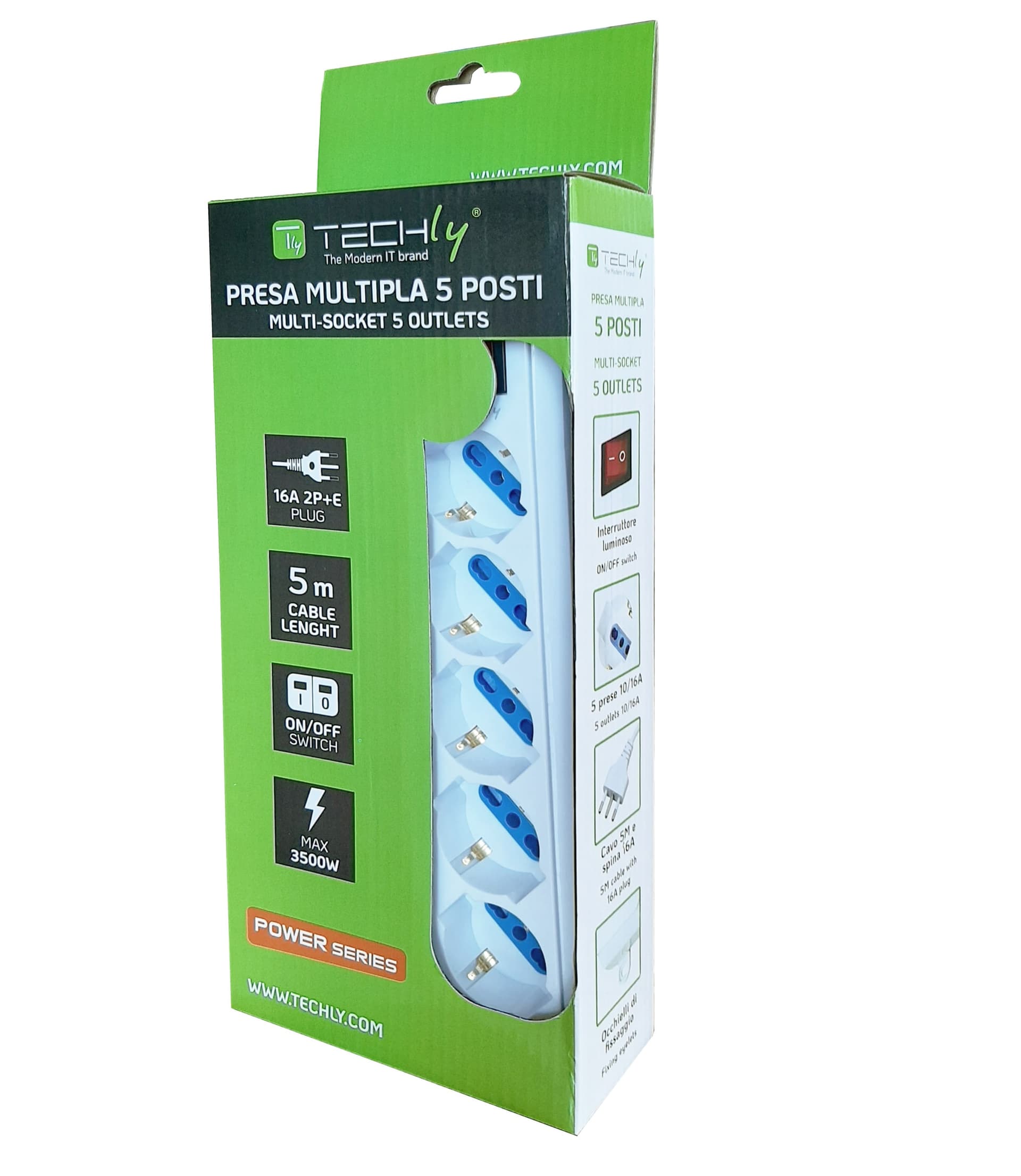 Multipresa 5 Posti Italiana Bipasso / Schuko Cavo 5m - 12