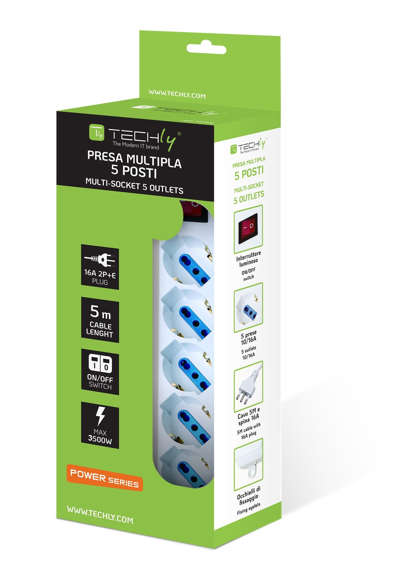 Multipresa 5 Posti Italiana Bipasso / Schuko Cavo 5m - 8