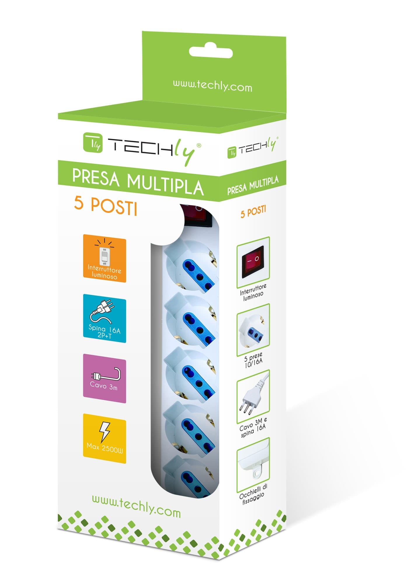 Multipresa 5 Posti Italiana Bipasso / Schuko Cavo 3 metri - 5
