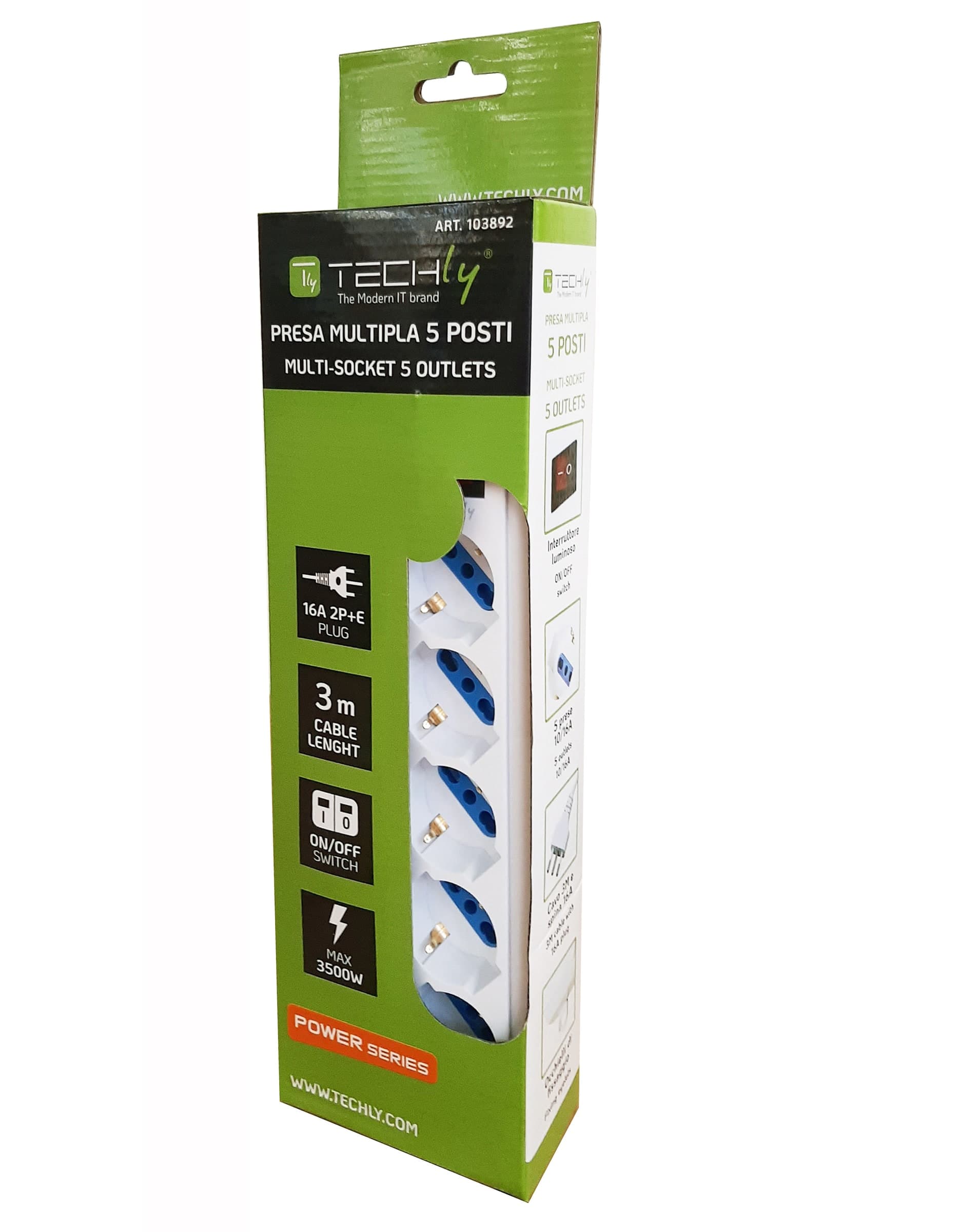 Multipresa 5 Posti Italiana Bipasso / Schuko Cavo 3 metri - 9