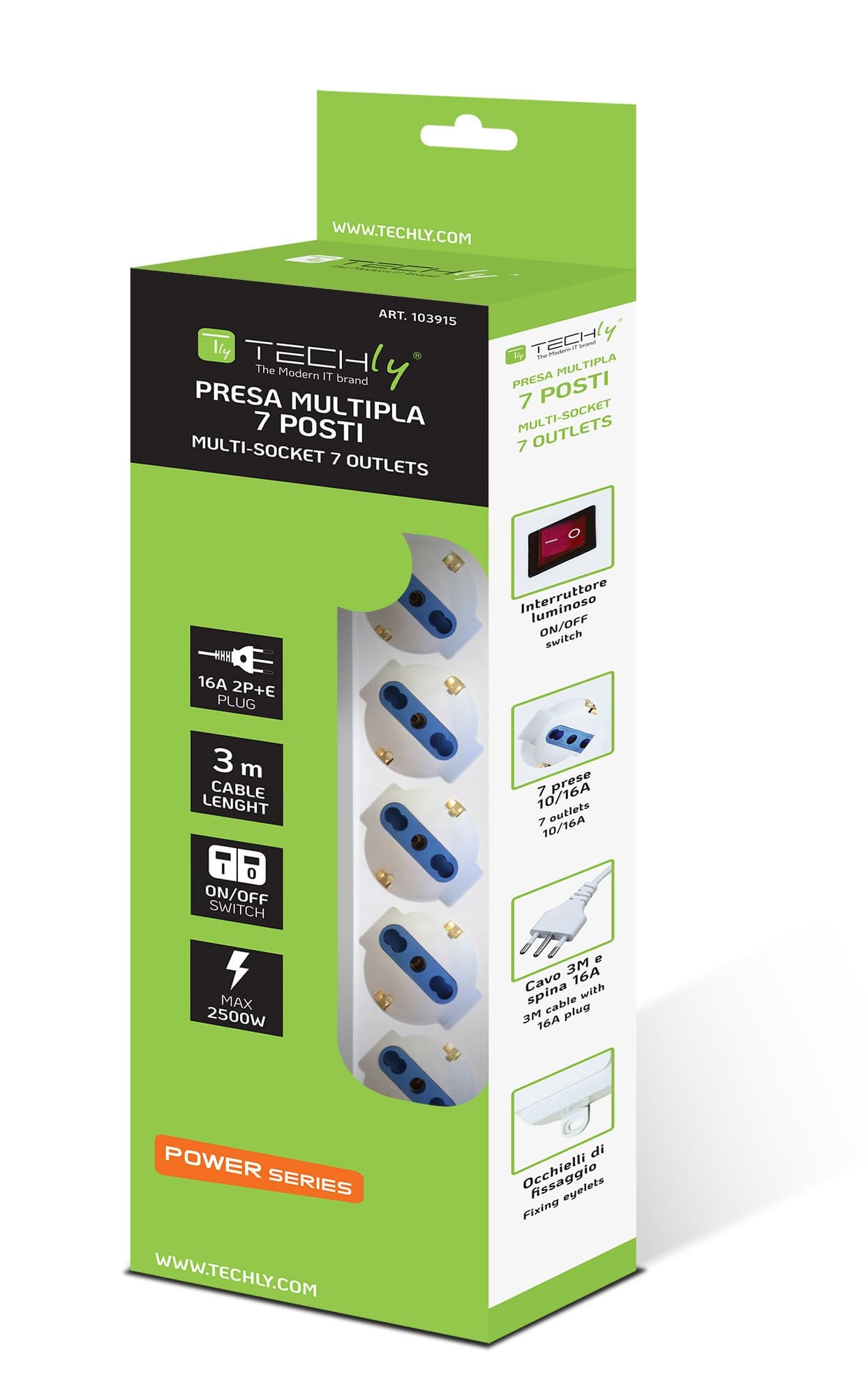 Multipresa 7 Posti Italiana Bipasso / Schuko Cavo 3 metri - 6