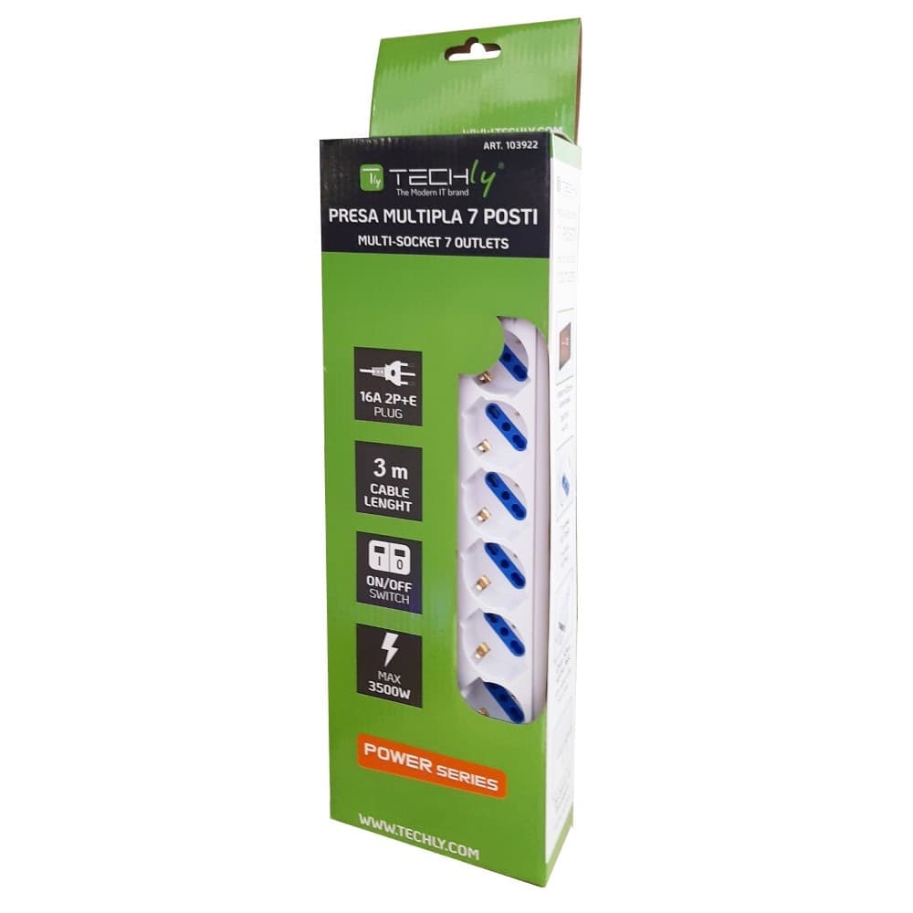 Multipresa 7 Posti Italiana Bipasso / Schuko Cavo 3 metri - 10