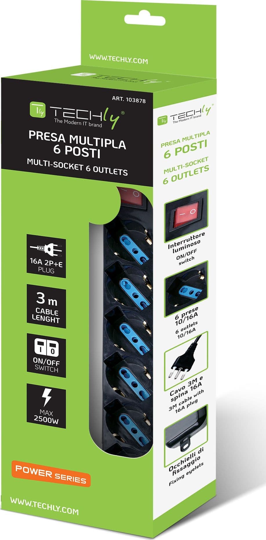 Multipresa 6 Posti Italiana Bipasso con Interruttore Cavo 3 metri Nero - 12