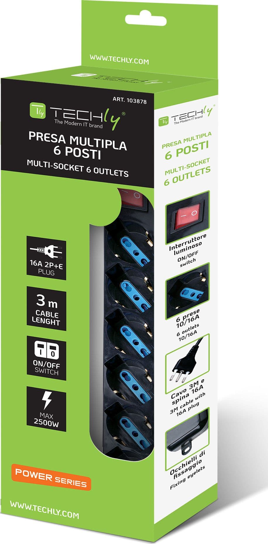 Multipresa 6 Posti Italiana Bipasso con Interruttore Cavo 3 metri Nero - 8
