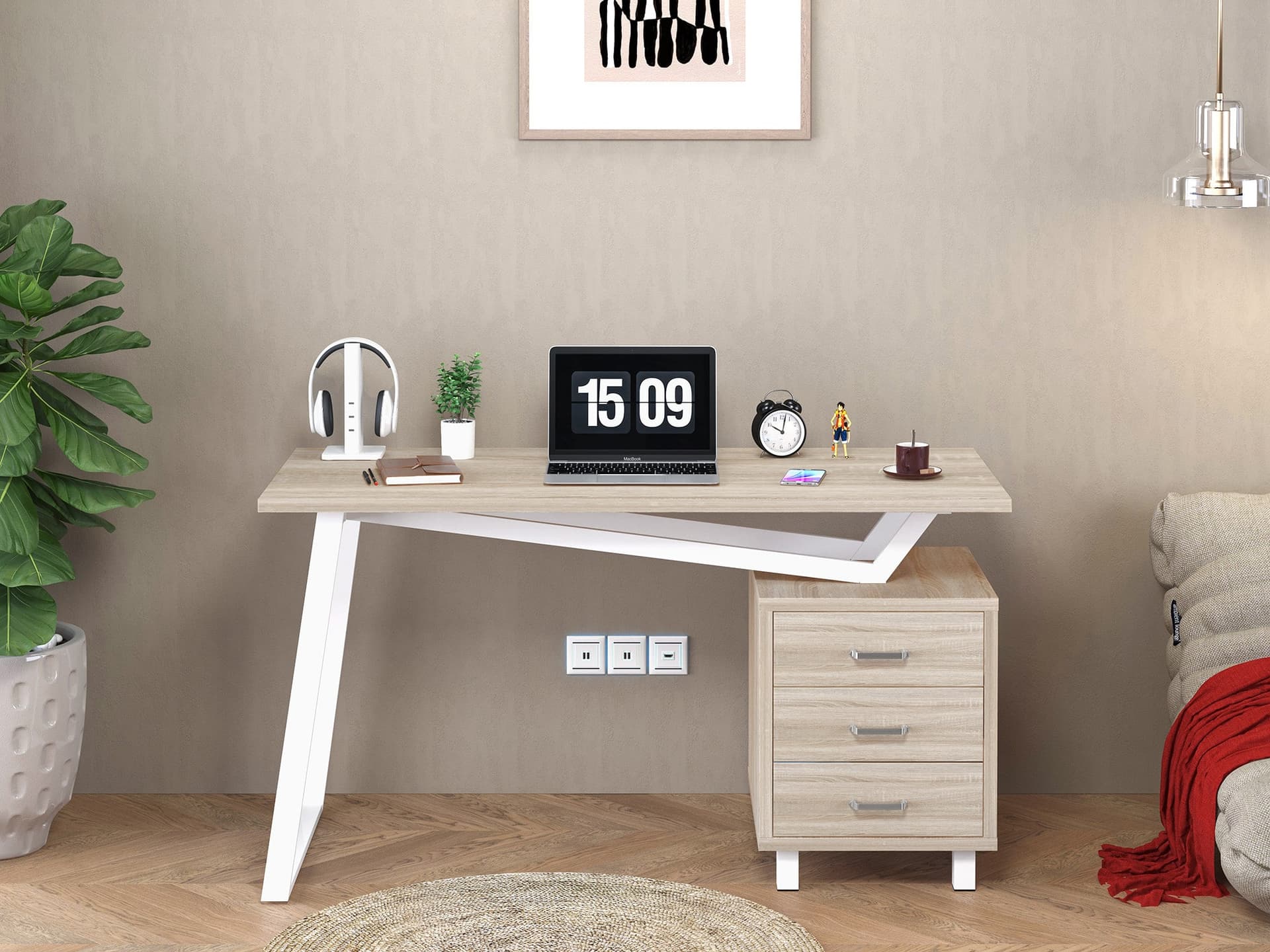 Scrivania per Computer dal Design Moderno con Tre Cassetti Quercia - 13