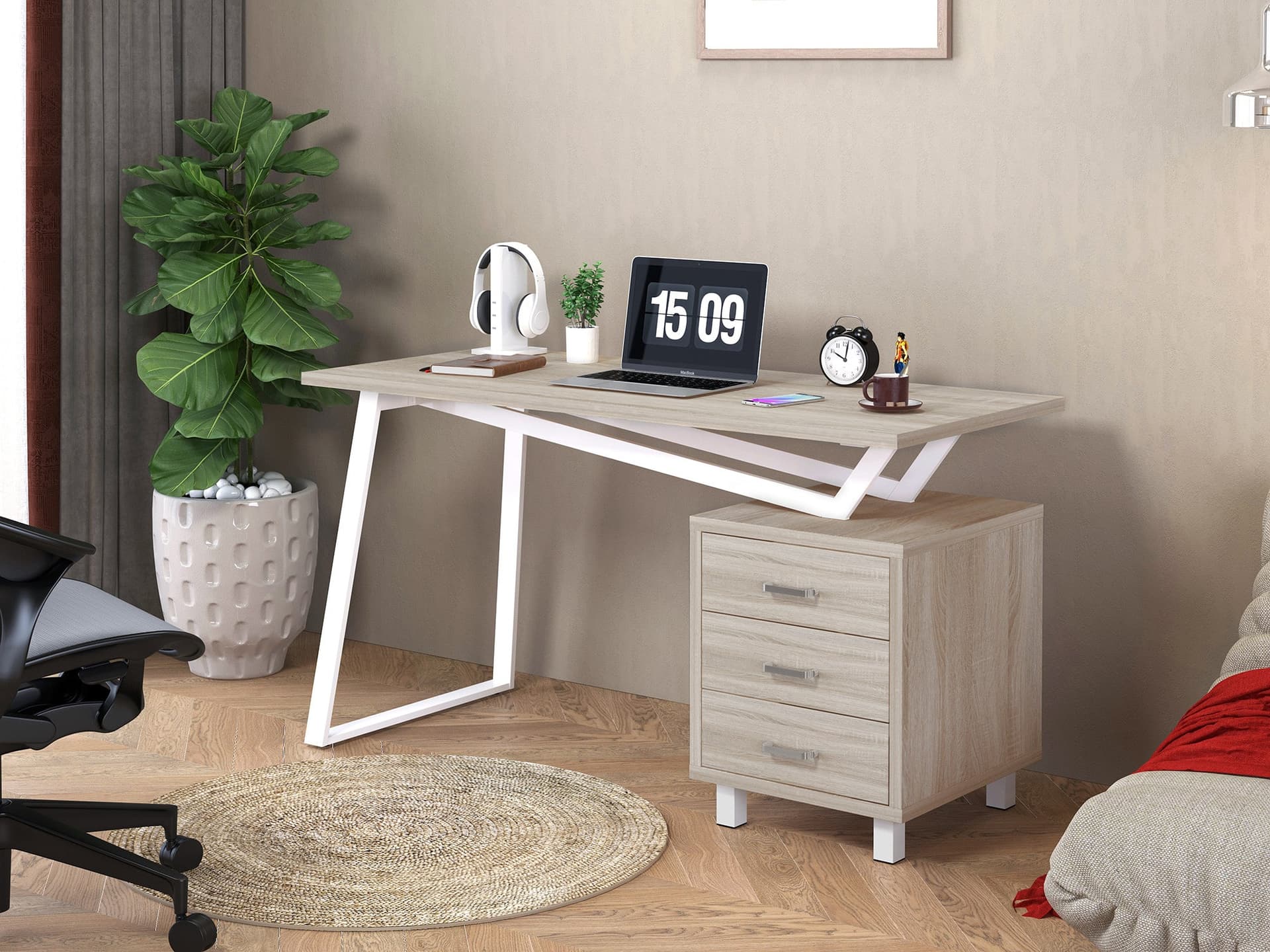 Scrivania per Computer dal Design Moderno con Tre Cassetti Quercia - 16