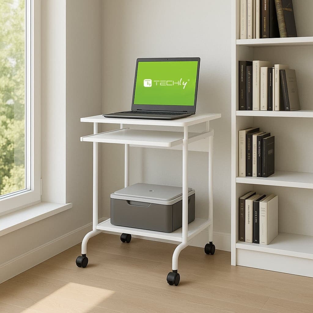 Scrivania Mobile ''Compact'' per Computer Ripiano Tastiera Scorrevole Bianco - 22