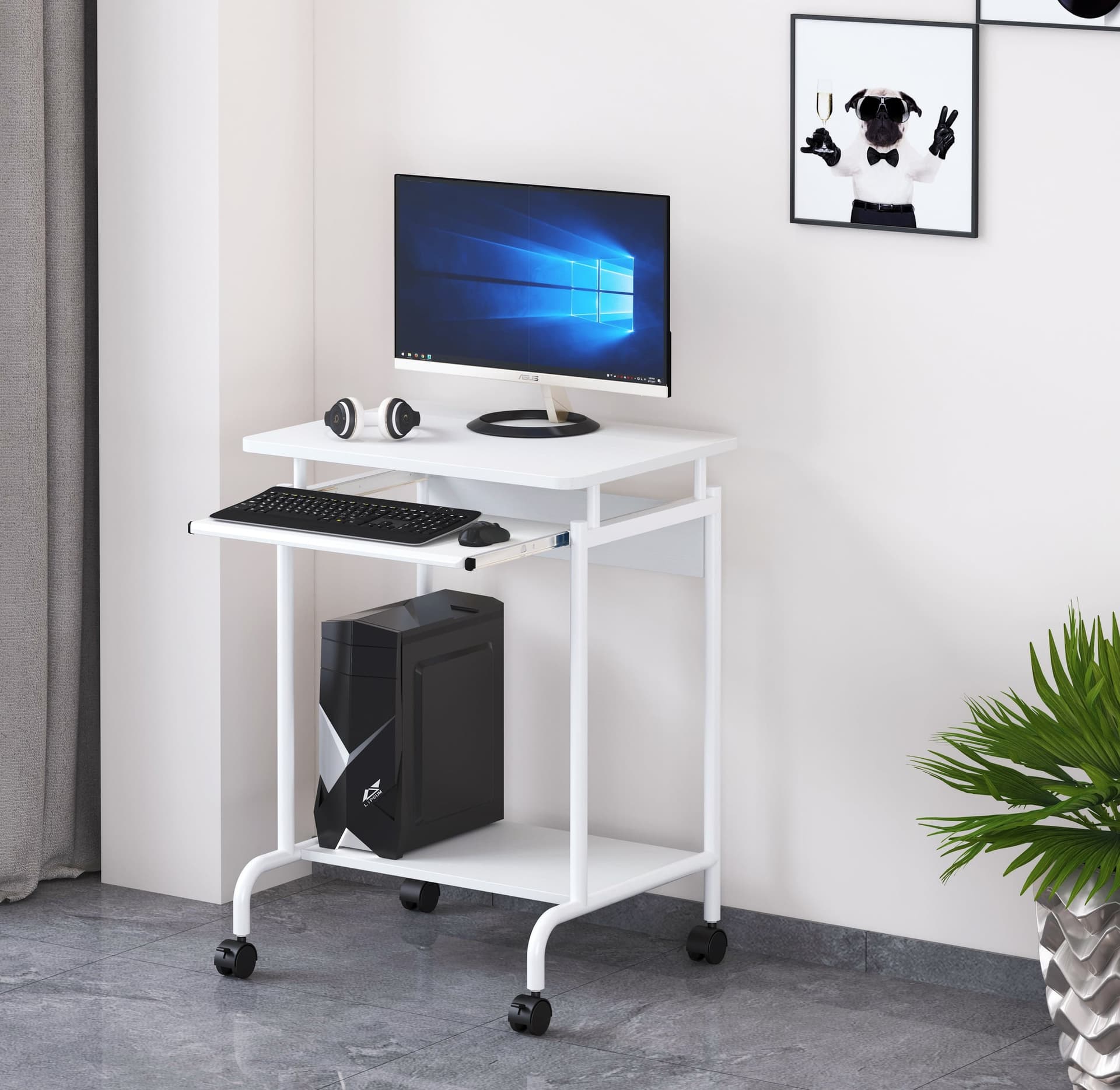 Scrivania Mobile ''Compact'' per Computer Ripiano Tastiera Scorrevole Bianco - 23