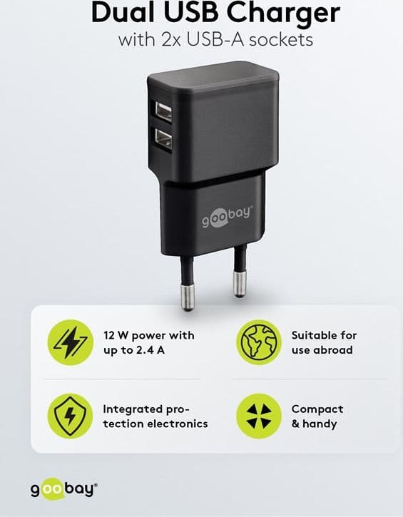 Caricatore da Muro 2 porte USB-A Slim Design 12W Nero - 11