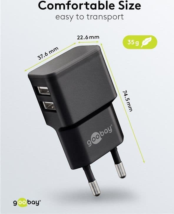 Caricatore da Muro 2 porte USB-A Slim Design 12W Nero - 7