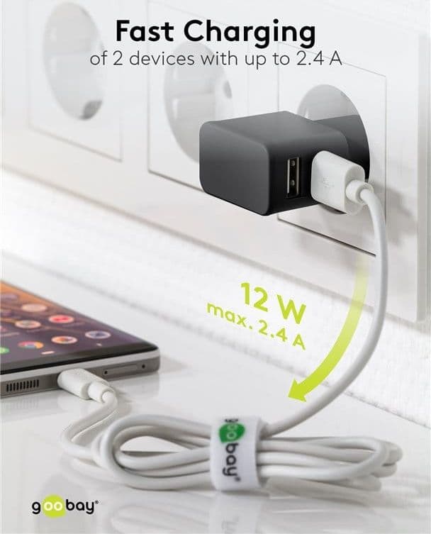 Caricatore da Muro 2 porte USB-A Slim Design 12W Nero - 8