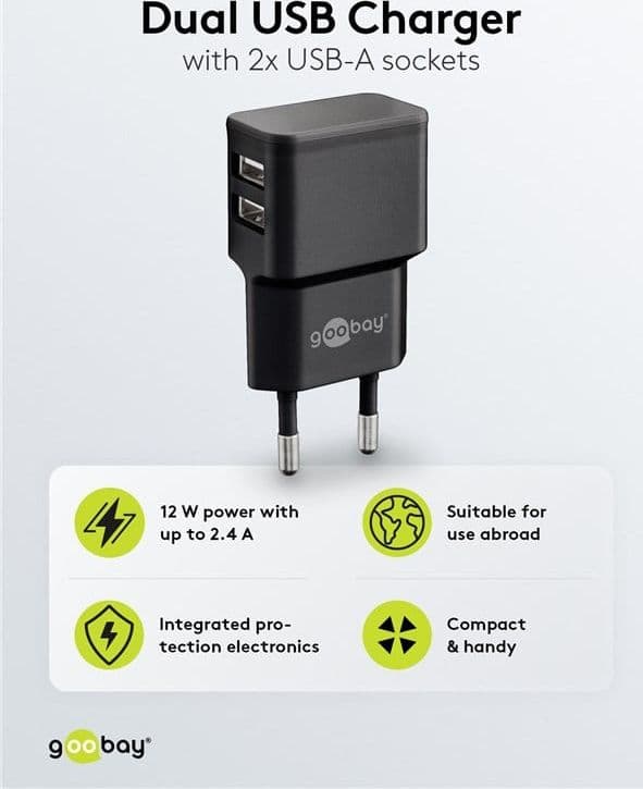 Caricatore da Muro 2 porte USB-A Slim Design 12W Nero - 9