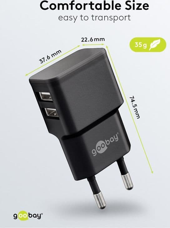 Caricatore da Muro 2 porte USB-A Slim Design 12W Nero - 10