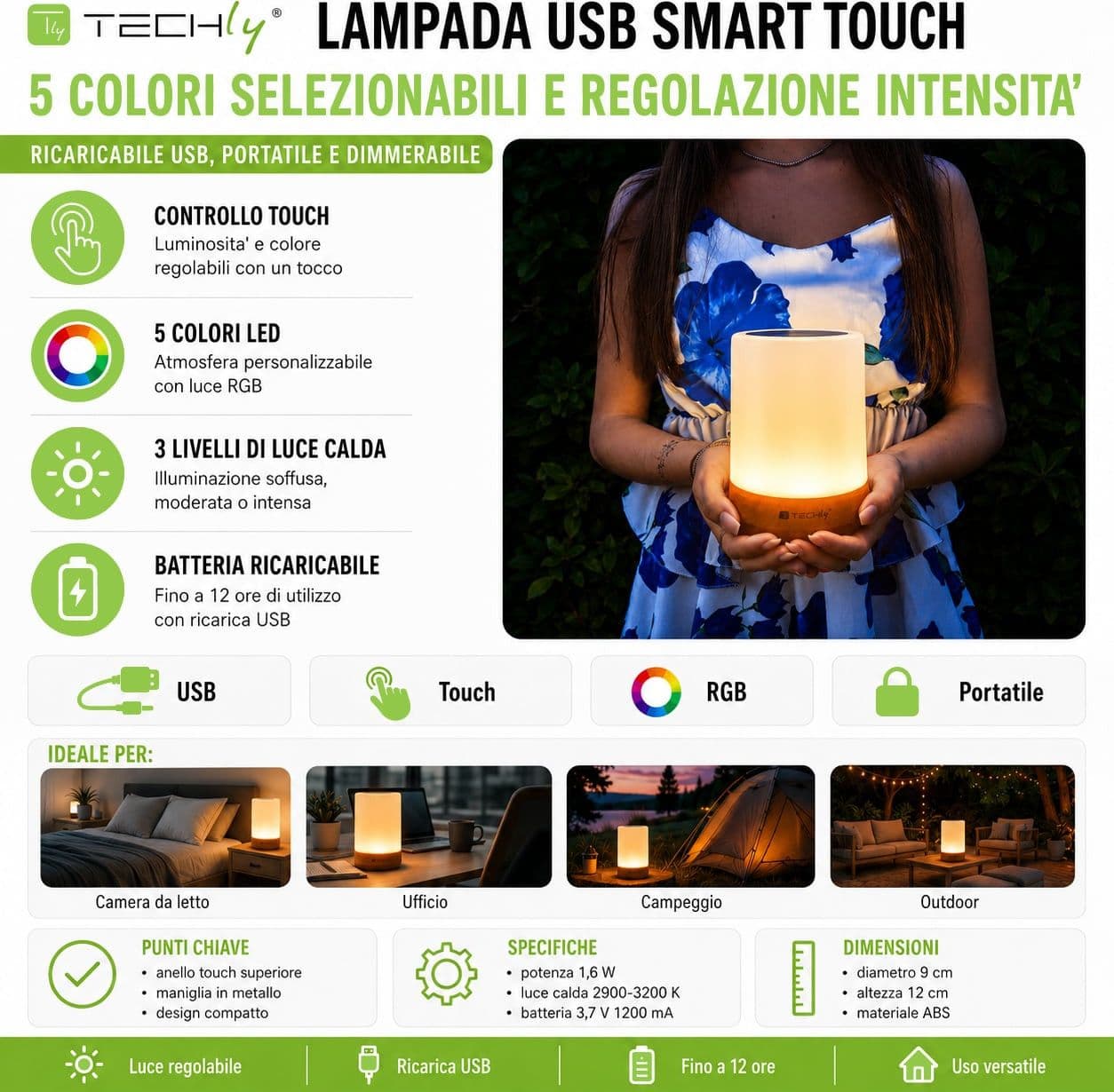 Lampada USB Smart Touch 5 Colori Selezionabili Regolazione Intensit&agrave - 18