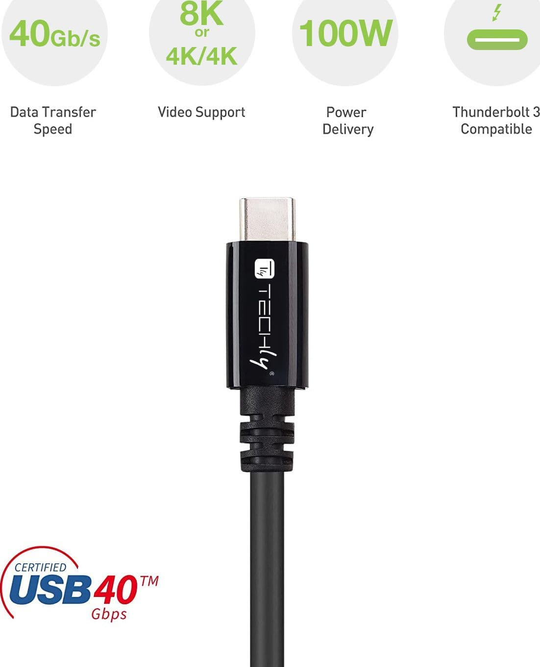 Cavo USB 4 Gen 3 Type-C&trade Thunderbolt M/M E-Mark 8K 40Gbps 100W PD 0,8m Nero - 7