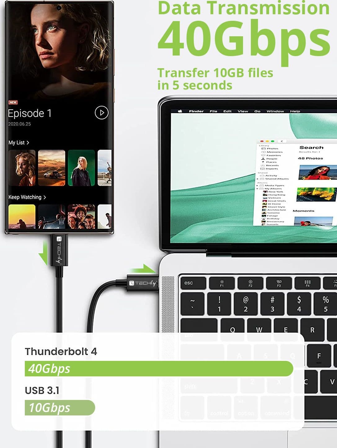 Cavo USB 4 Gen 3 Type-C&trade Thunderbolt M/M E-Mark 8K 40Gbps 100W PD 0,8m Nero - 9