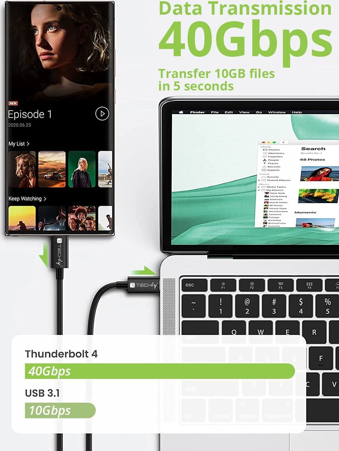 Cavo USB 4 Gen 3 Type-C&trade Thunderbolt M/M E-Mark 8K 40Gbps 100W PD 0,8m Nero - 10