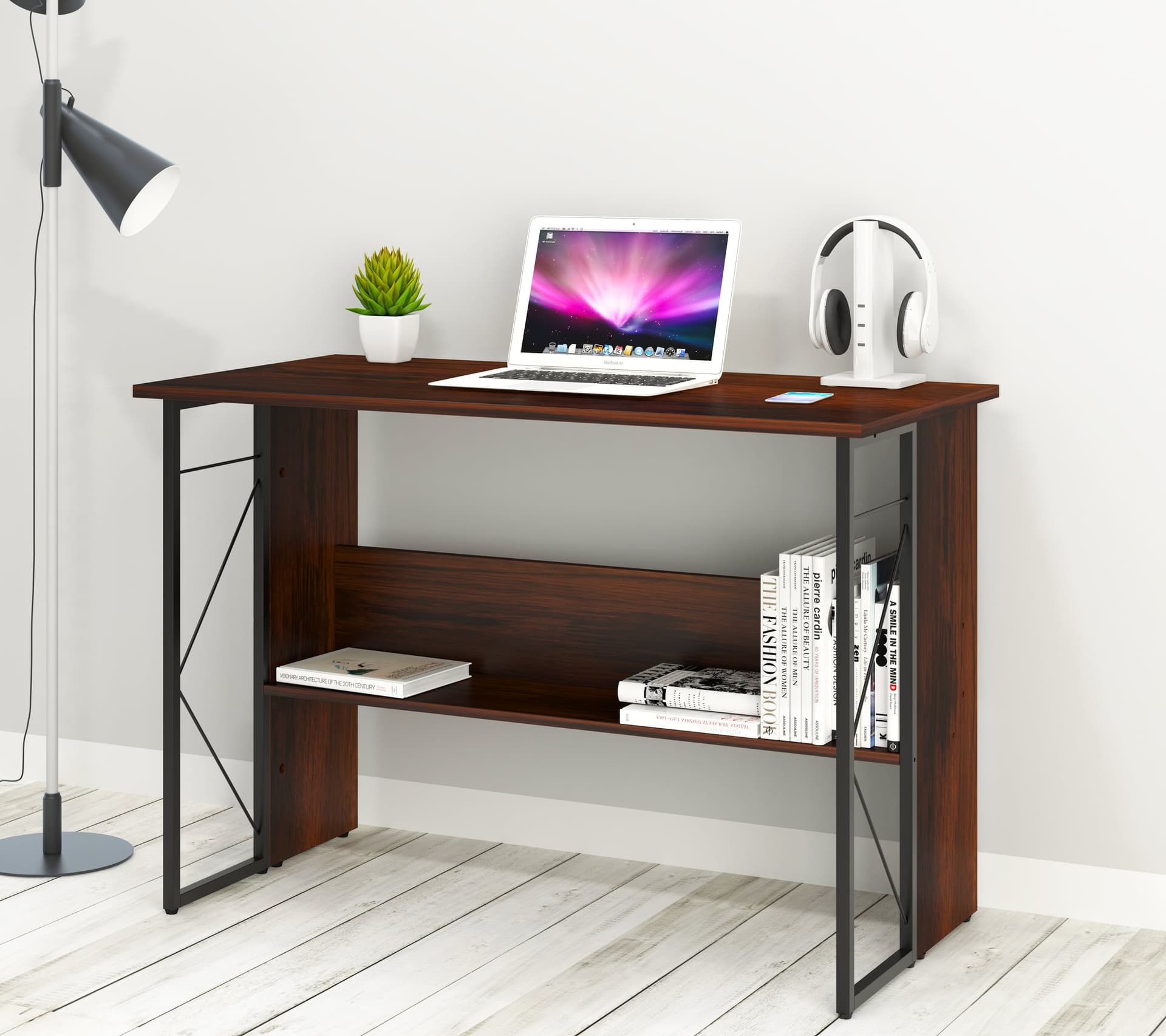 Scrivania per Computer Scrittoio Salvaspazio in Stile Industriale con Struttura Acciaio e Legno Marrone - 9