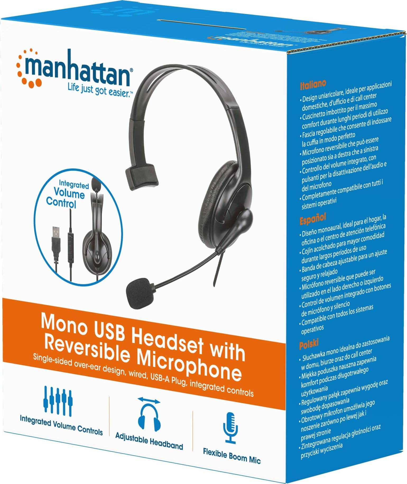 Cuffia Mono USB con Microfono Reversibile Cavo 2m - 16