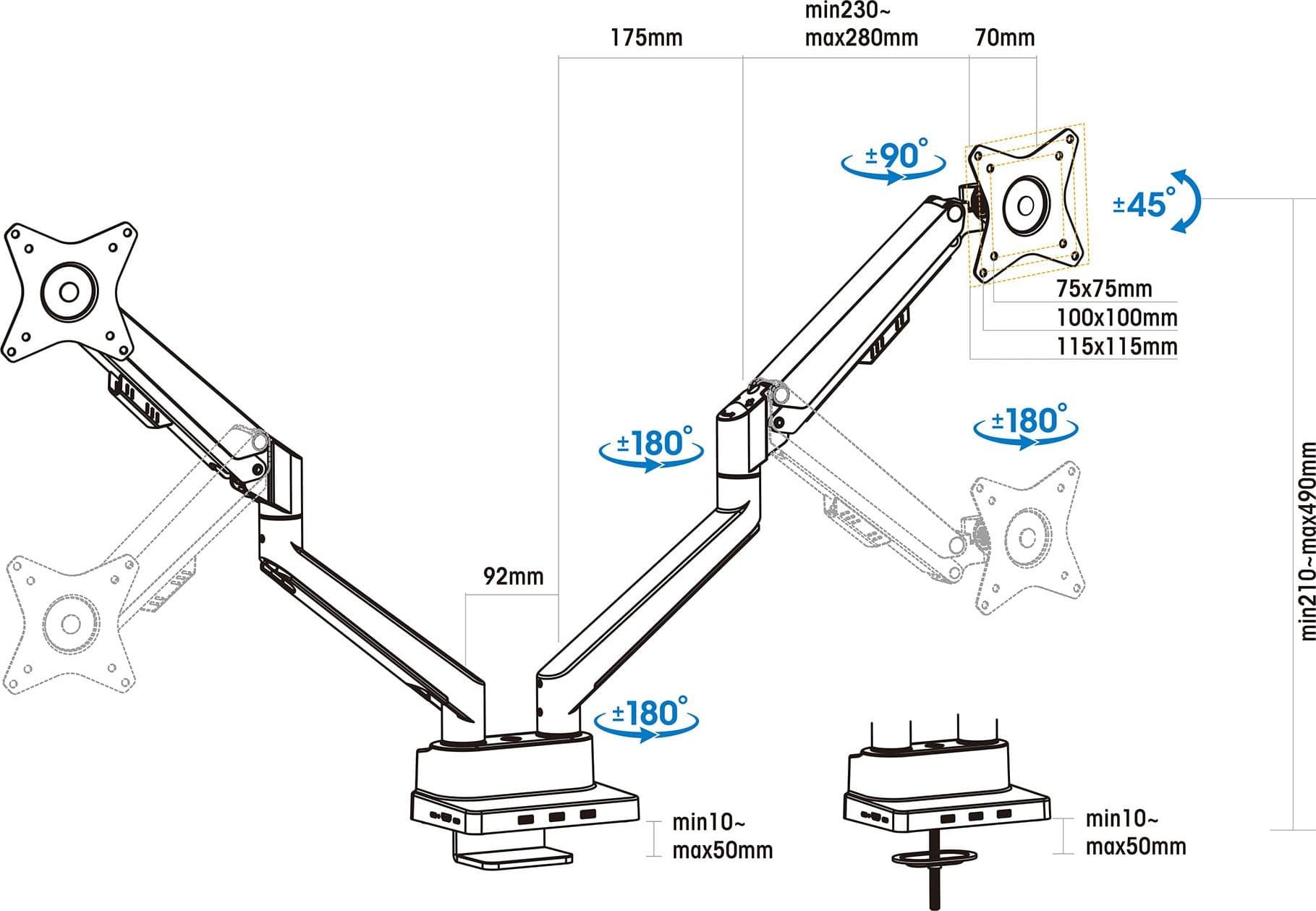 Supporto da Scrivania Doppio Monitor 17-32'' con Molla a Gas e Docking Station 8-in-1 - 13