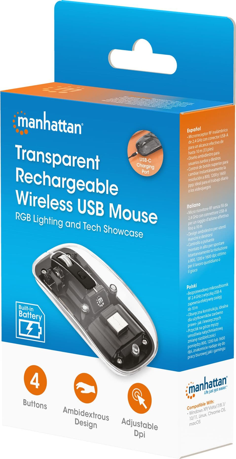 Mouse Ottico Wireless 1600 Dpi con Micro Ricevitore USB Nero Trasparente - 17
