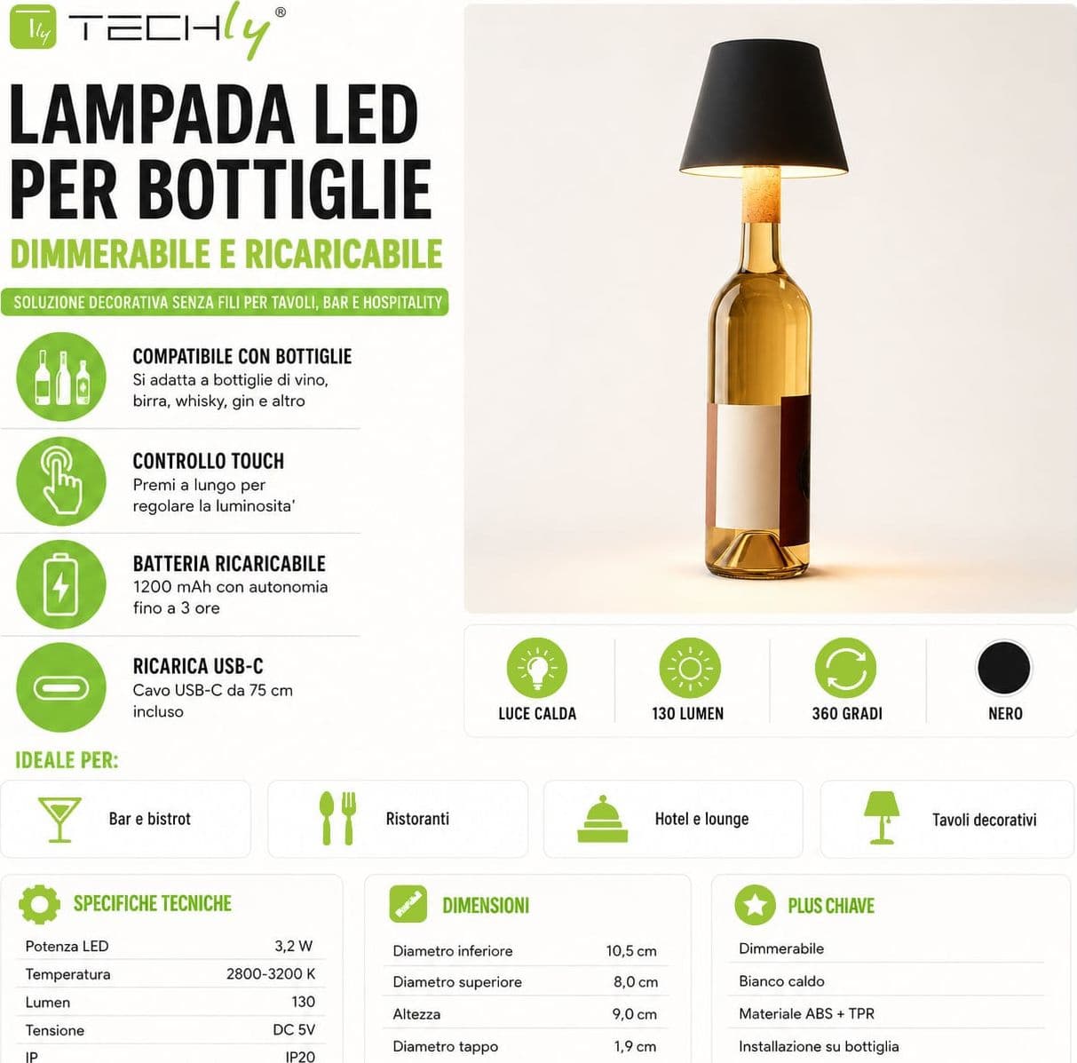 Lampada LED Paralume per Bottiglie Dimmerabile Batteria Ricaricabile Alimentazione USB-C&trade - 20