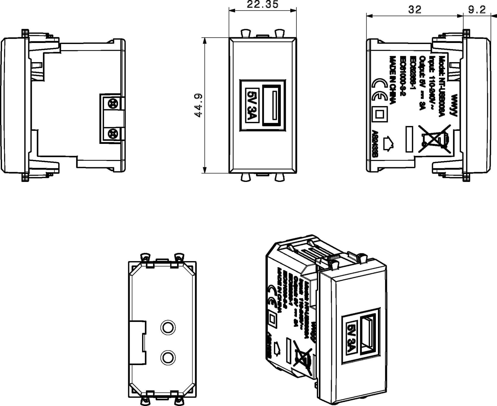 Tekla S44 Caricatore USB-A 3A 240V 1 Modulo Grigio Opaco, 445082USB3A - 6