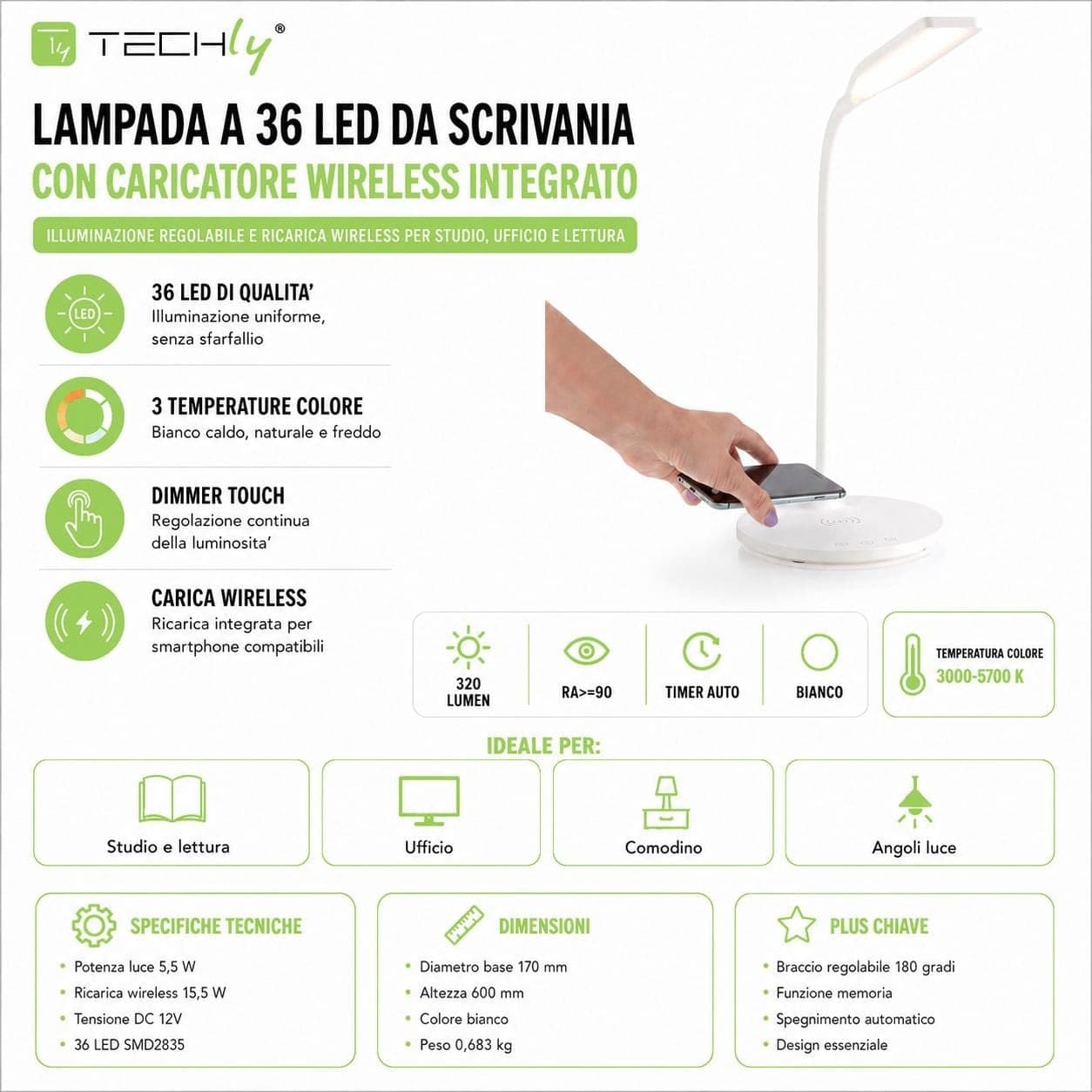 Lampada a 36 LED da Scrivania con Caricatore Wireless Integrato per Smartphone - 17