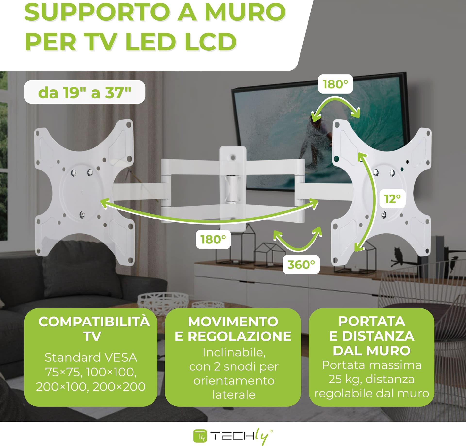 Supporto a muro per TV LED LCD 19-37'' inclinabile 3 snodi nero - 20