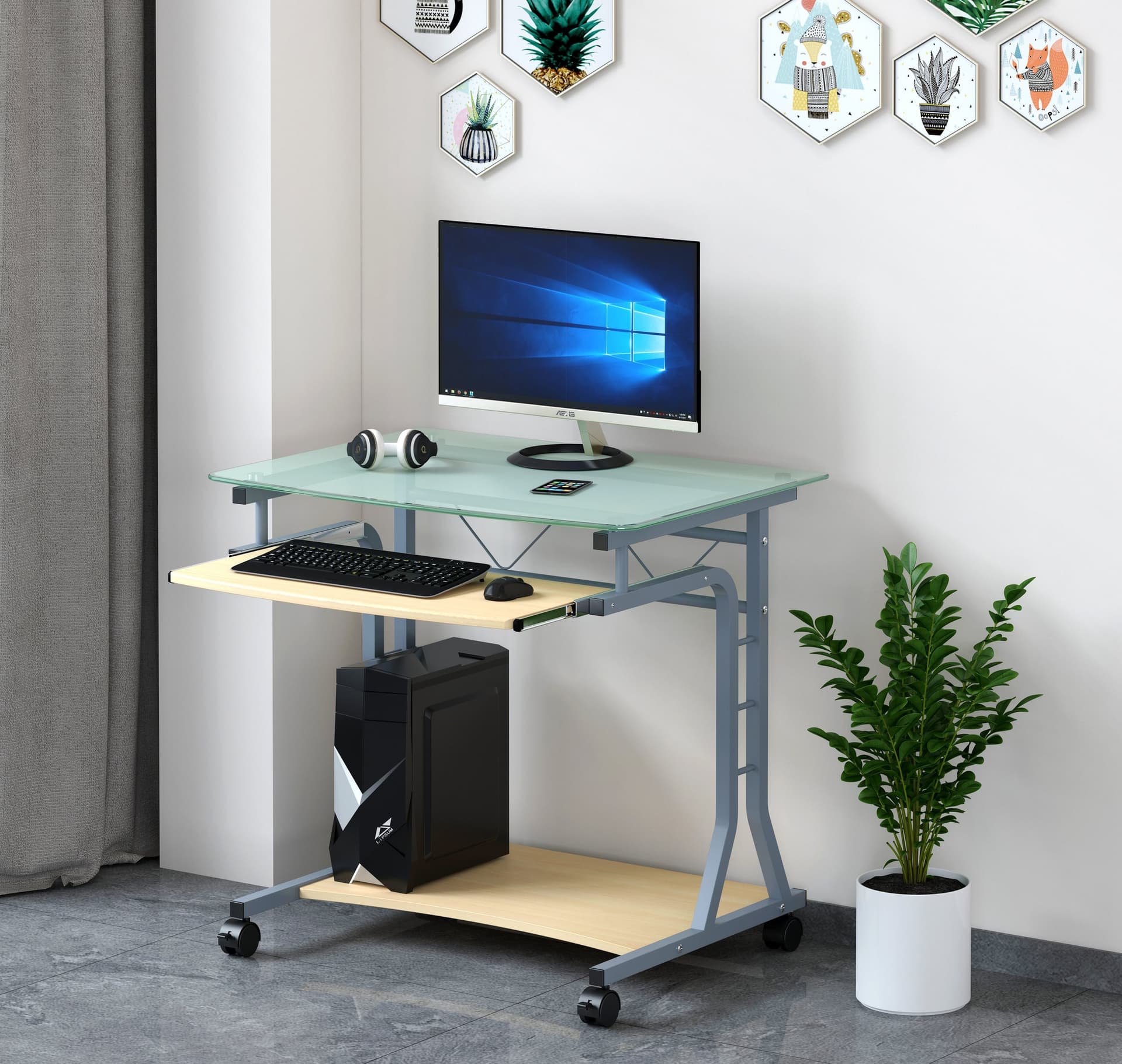 Scrivania per PC Compatta in Metallo e Vetro con Ruote - 11