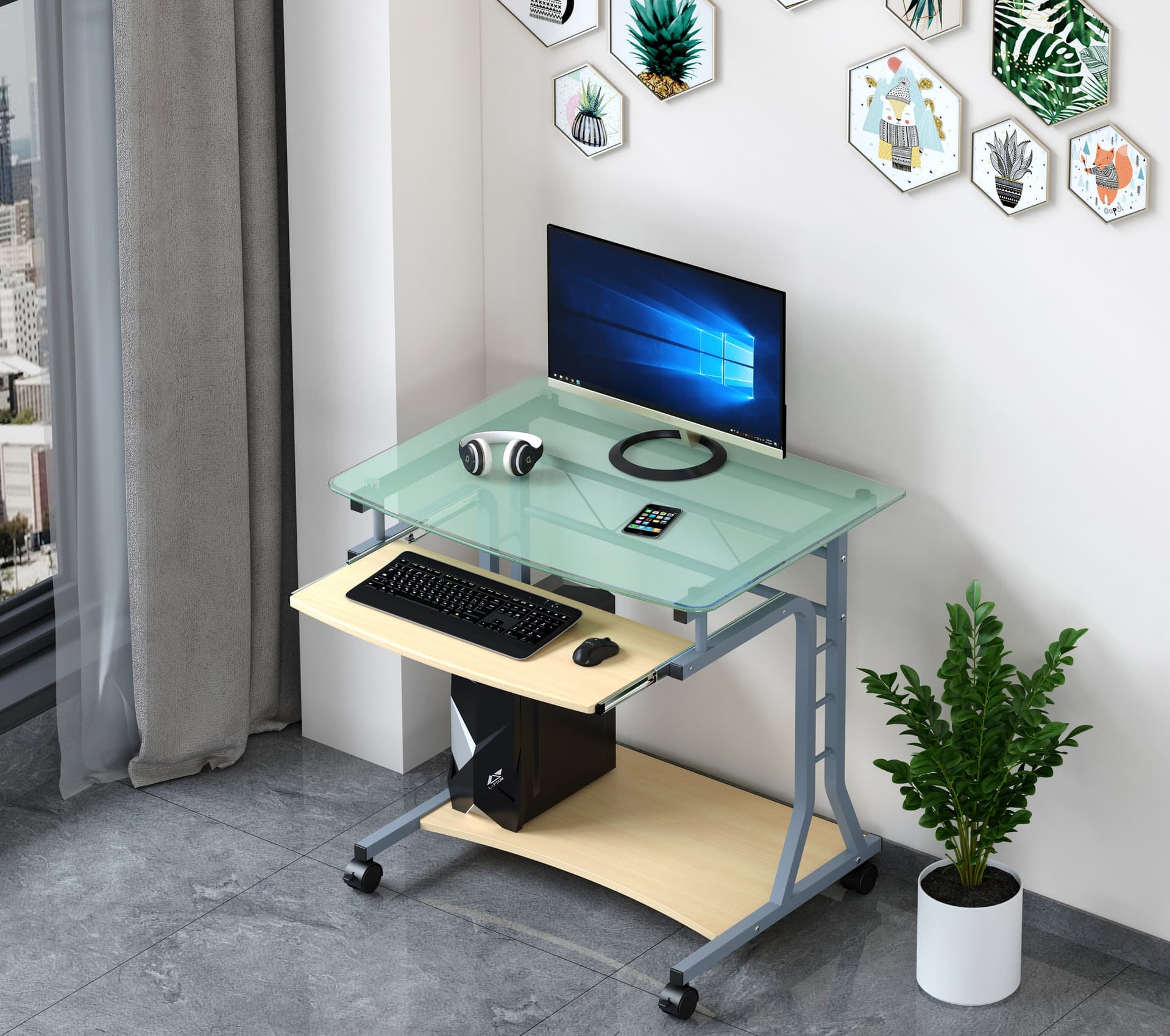 Scrivania per PC Compatta in Metallo e Vetro con Ruote - 12