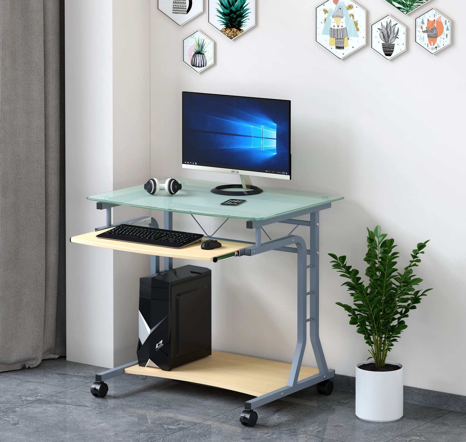 Scrivania per PC Compatta in Metallo e Vetro con Ruote - 14