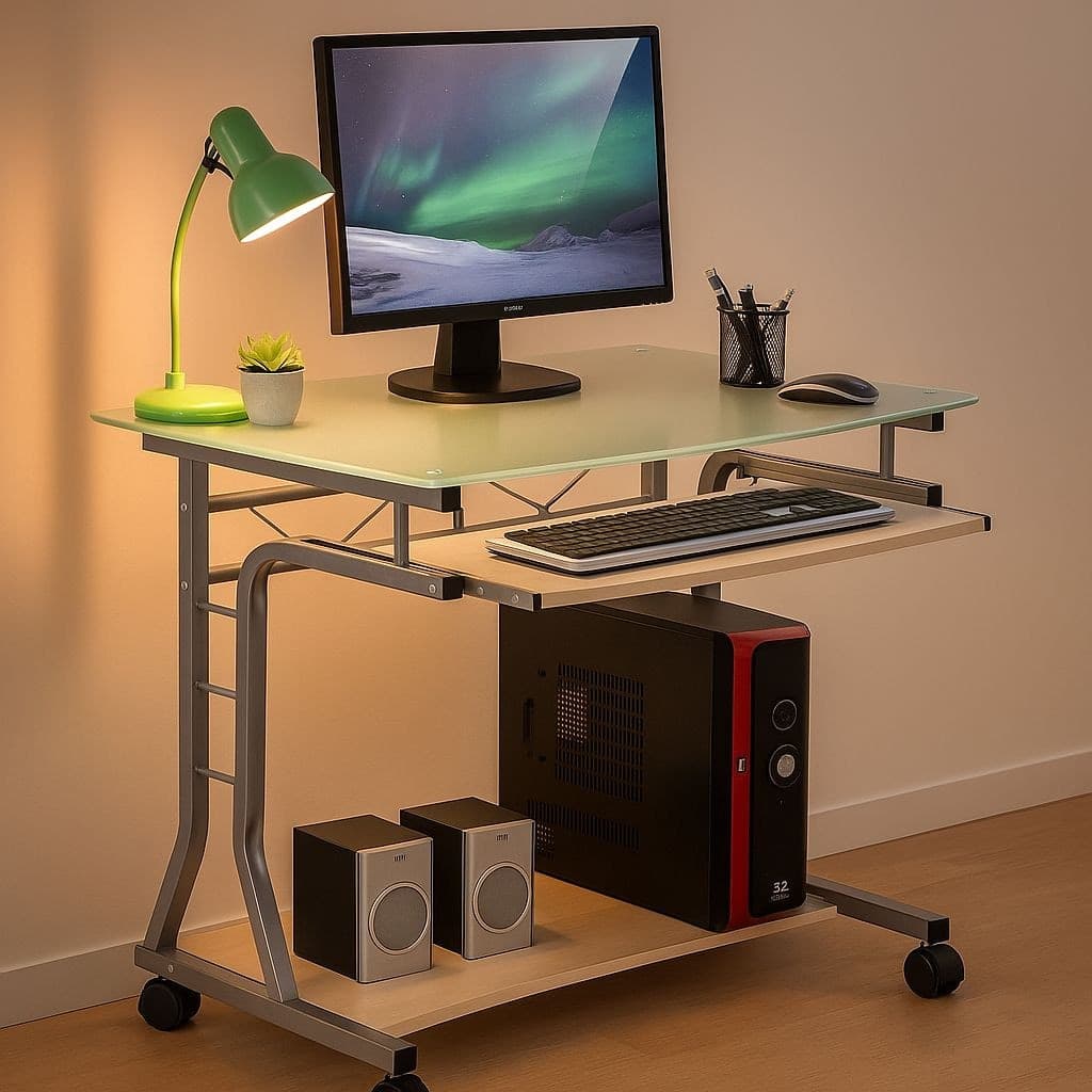 Scrivania per PC Compatta in Metallo e Vetro con Ruote - 15