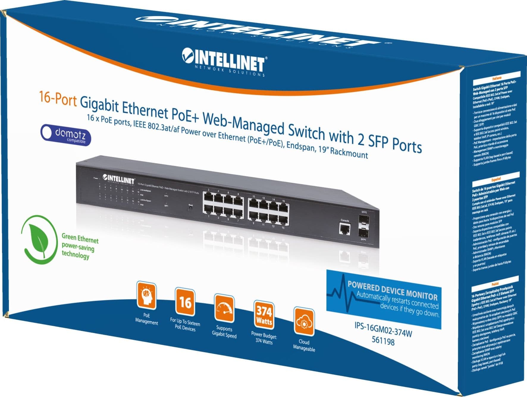 Switch Gigabit Ethernet 16 Porte PoE+ Web Managed con 2 Porte SFP - 12