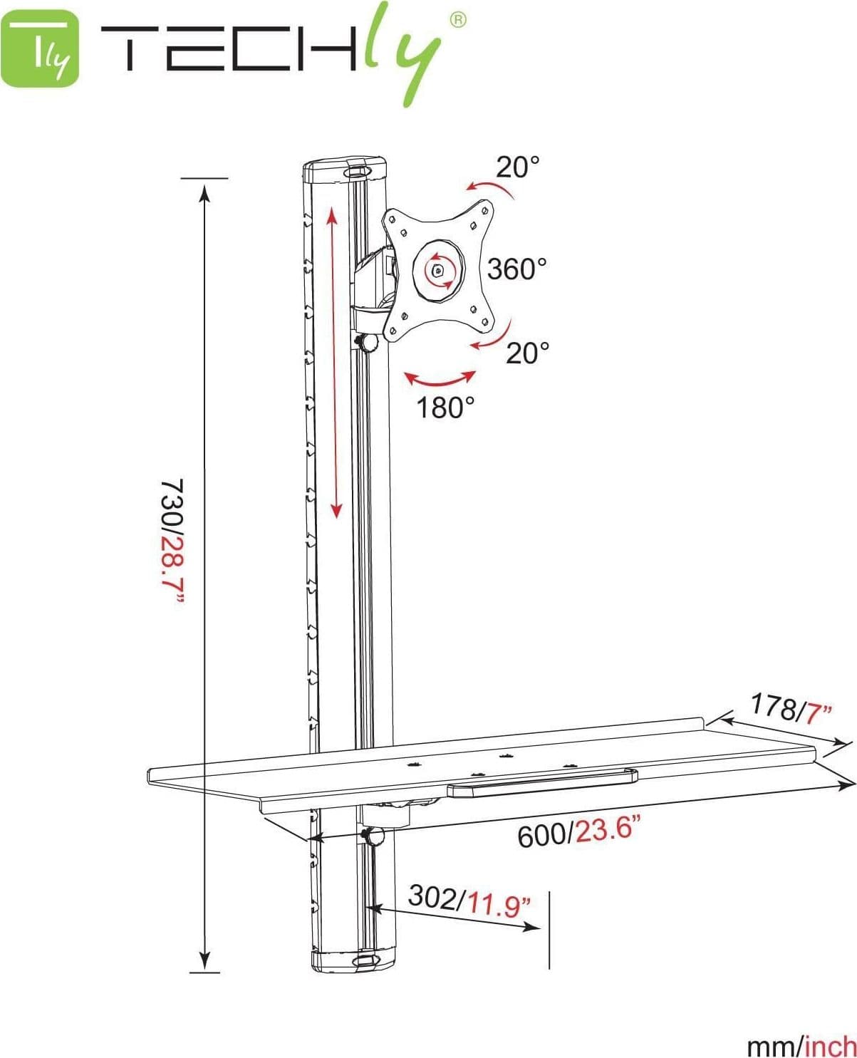 Postazione di lavoro a parete con supporto monitor e ripiano tastiera - 6